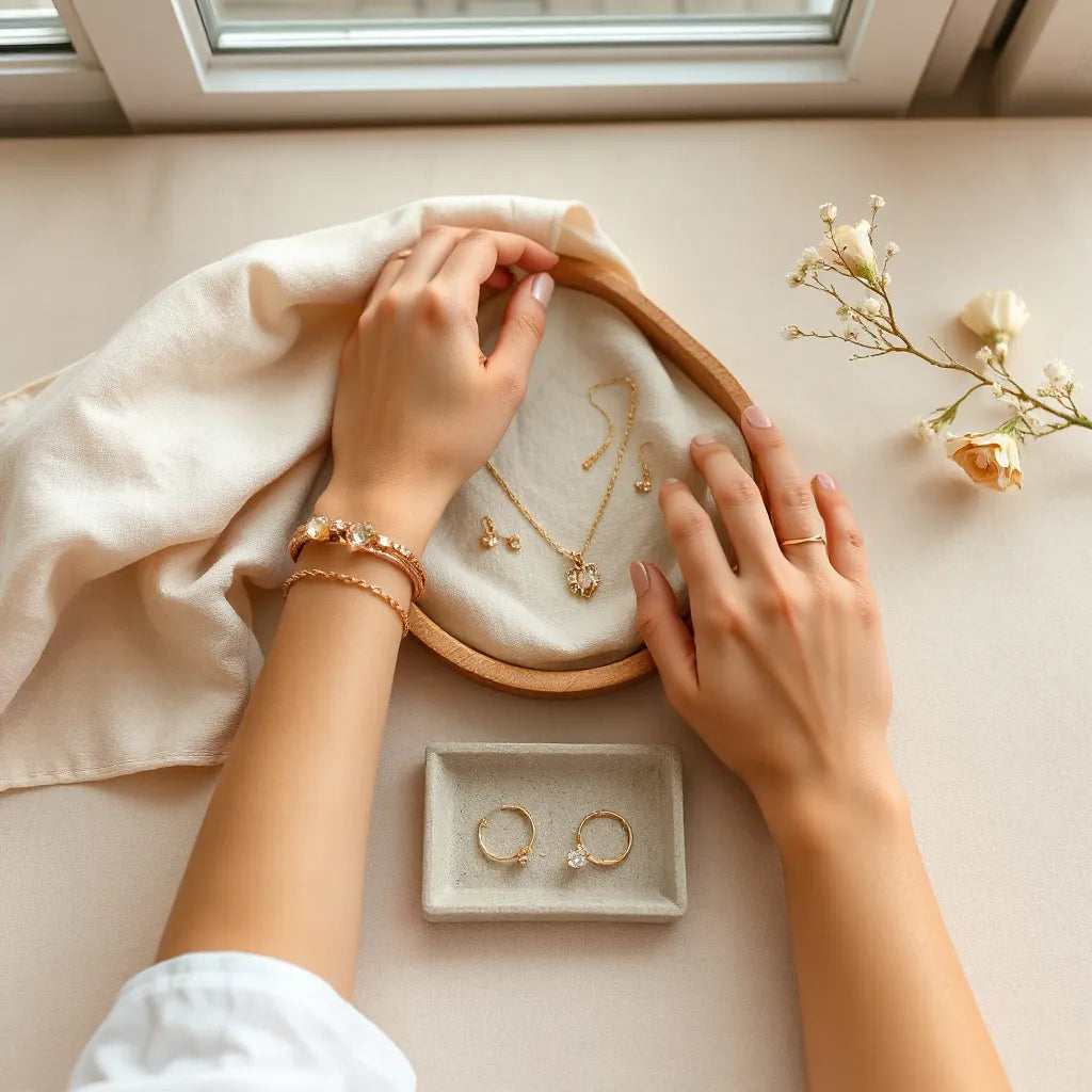 Assorted delicate earrings, necklace, bracelet, and ring displayed on a minimalist vanity with soft natural light