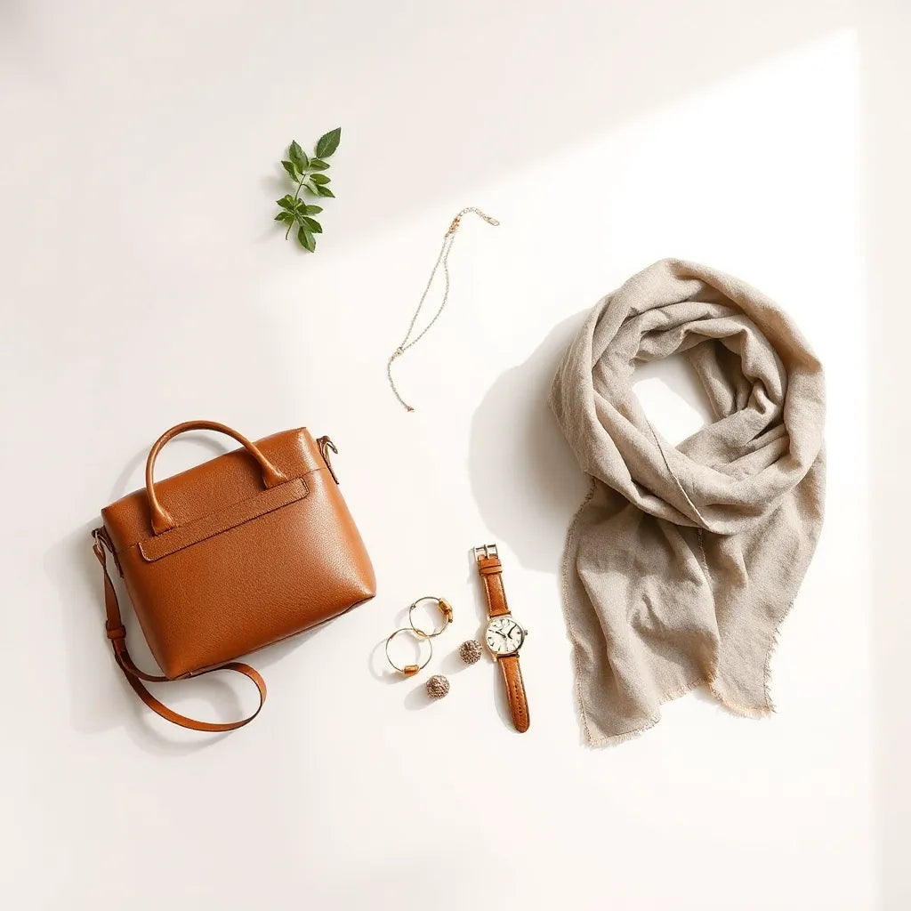 Necklace, earrings, handbag, belt, watch, and scarf arranged neatly on a neutral background