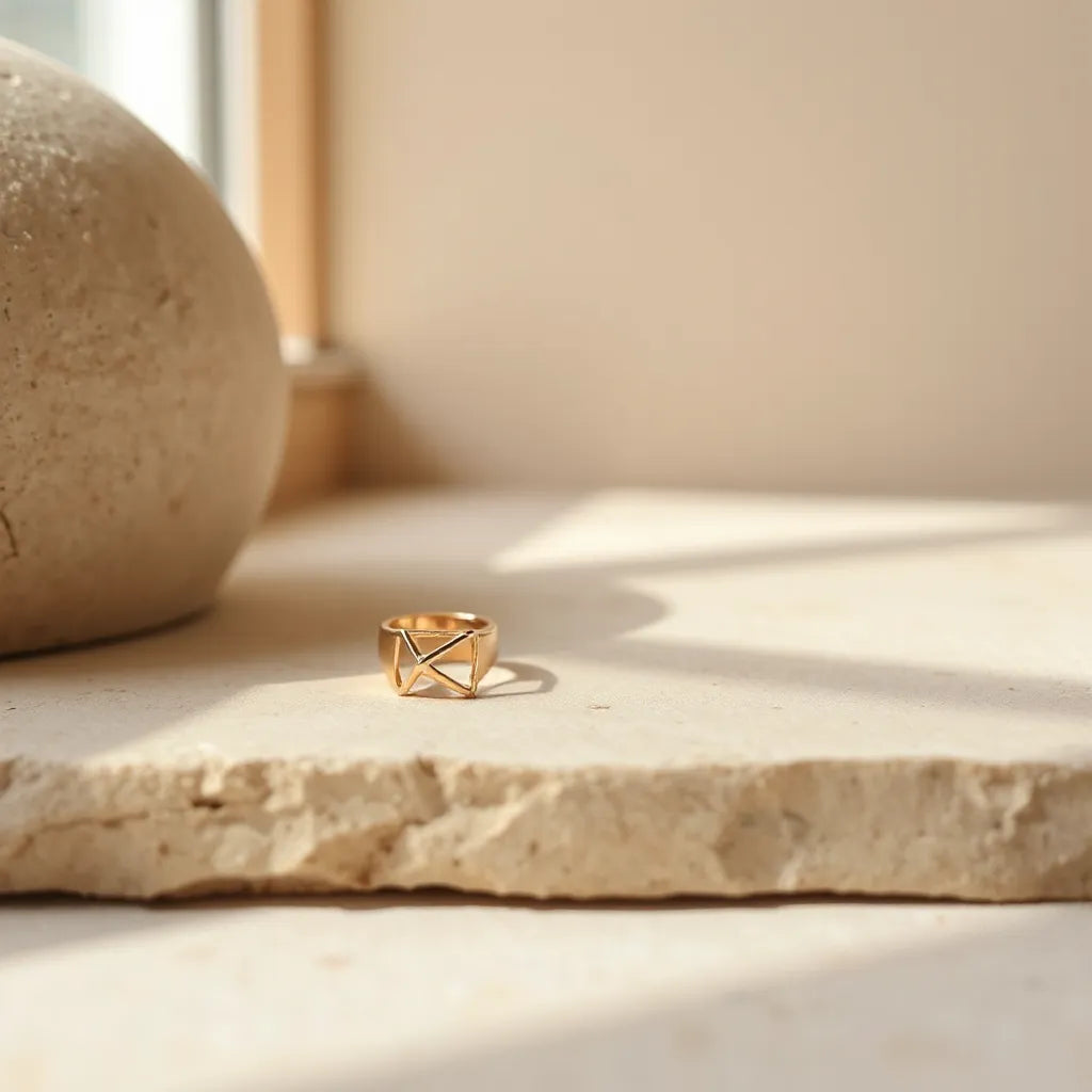 Geometric open ring with angular design on a neutral stone surface under soft natural light