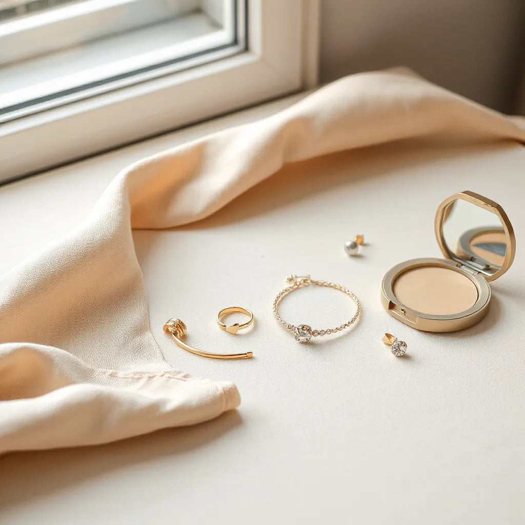 A curated set of rings, earrings, and a bracelet styled neatly on a neutral tabletop with soft natural light.