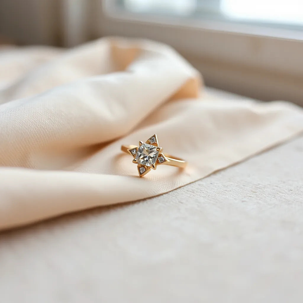 Elegant fashion ring with an exclusive geometric setting and subtle gemstone, shown on neutral fabric.