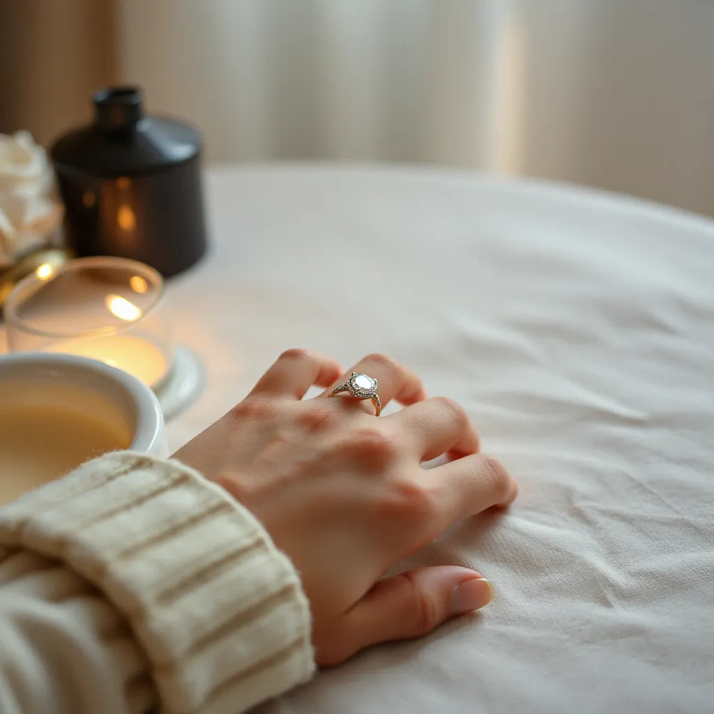 Elegant luminous ring for women on neutral fabric with subtle glow and soft evening lighting