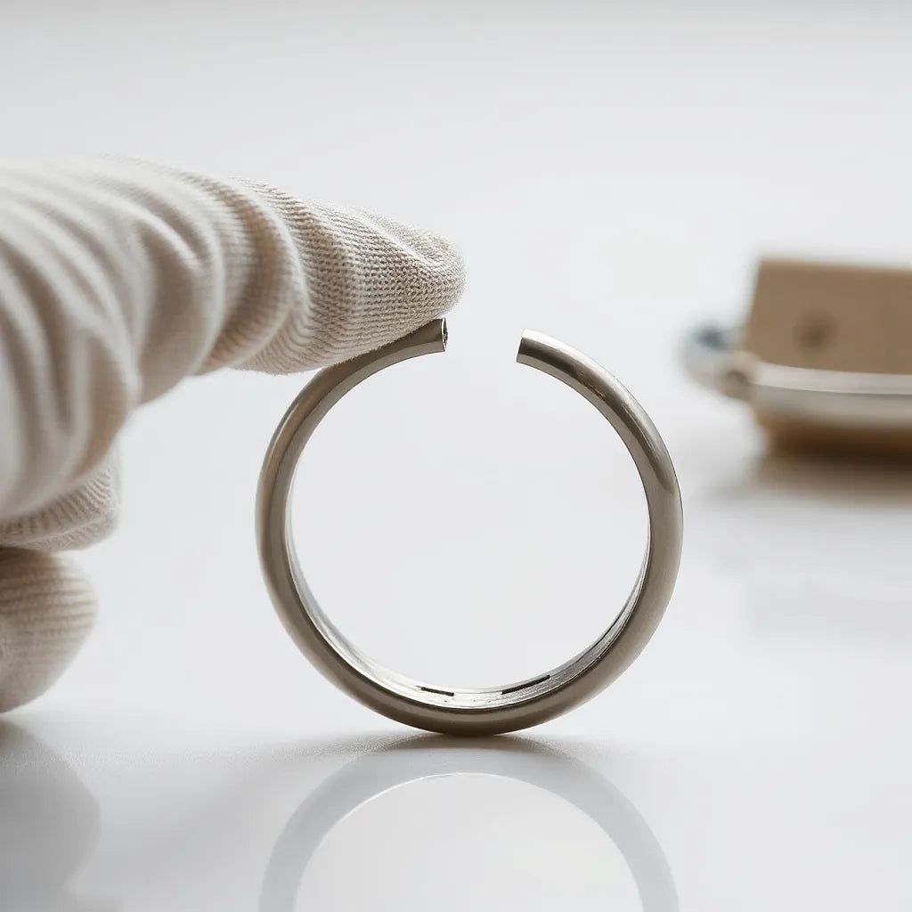 Smooth winding open ring shown partially opened with a clean hinge and comfortable curve