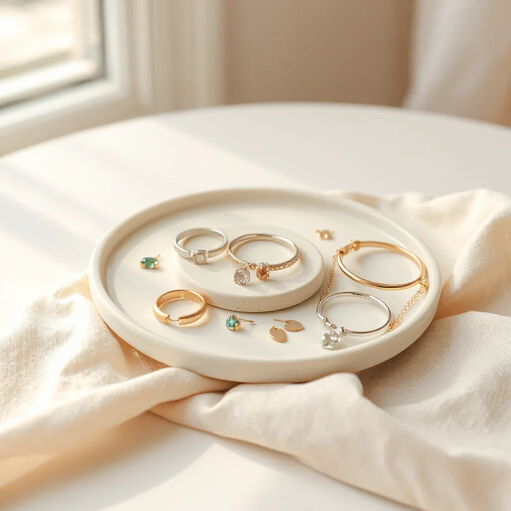 Curated modern jewelry set with rings, layered necklace, small hoops, and bracelet on a minimal tray