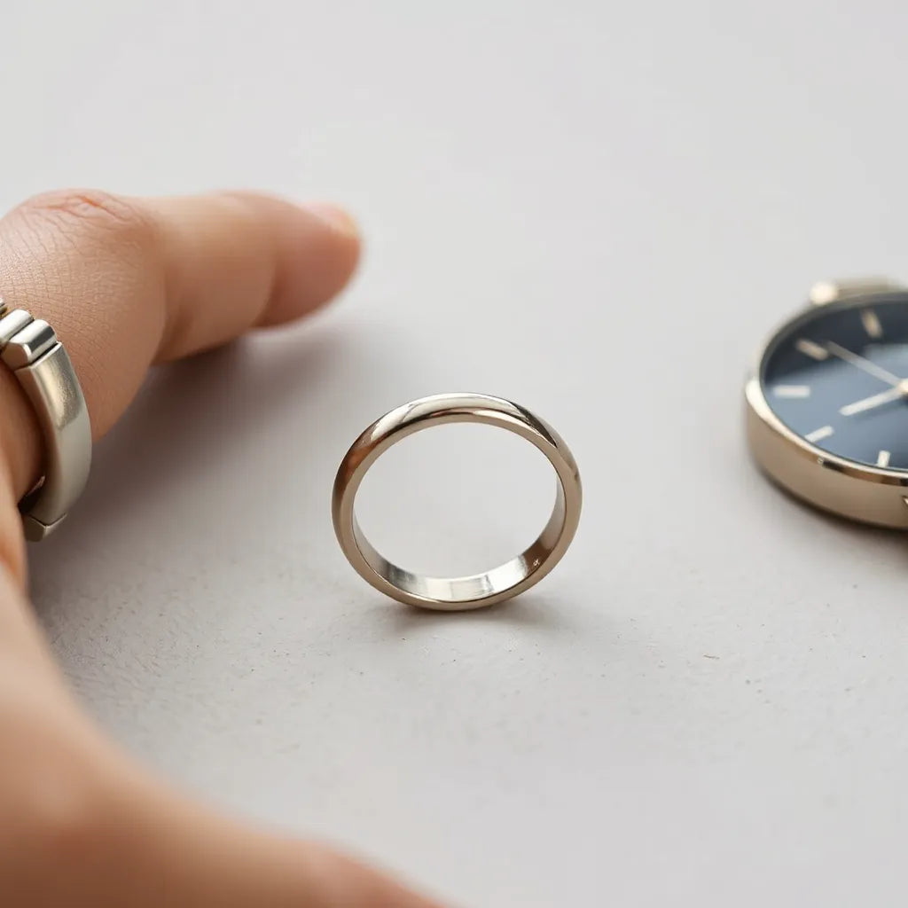 Open finger ring with visible gap and smooth finish on a neutral background