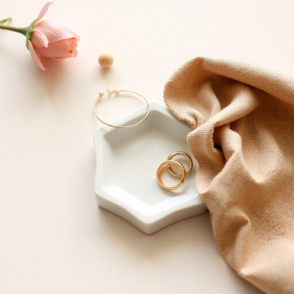 Stack of simple fashion rings on a neutral surface under soft natural light