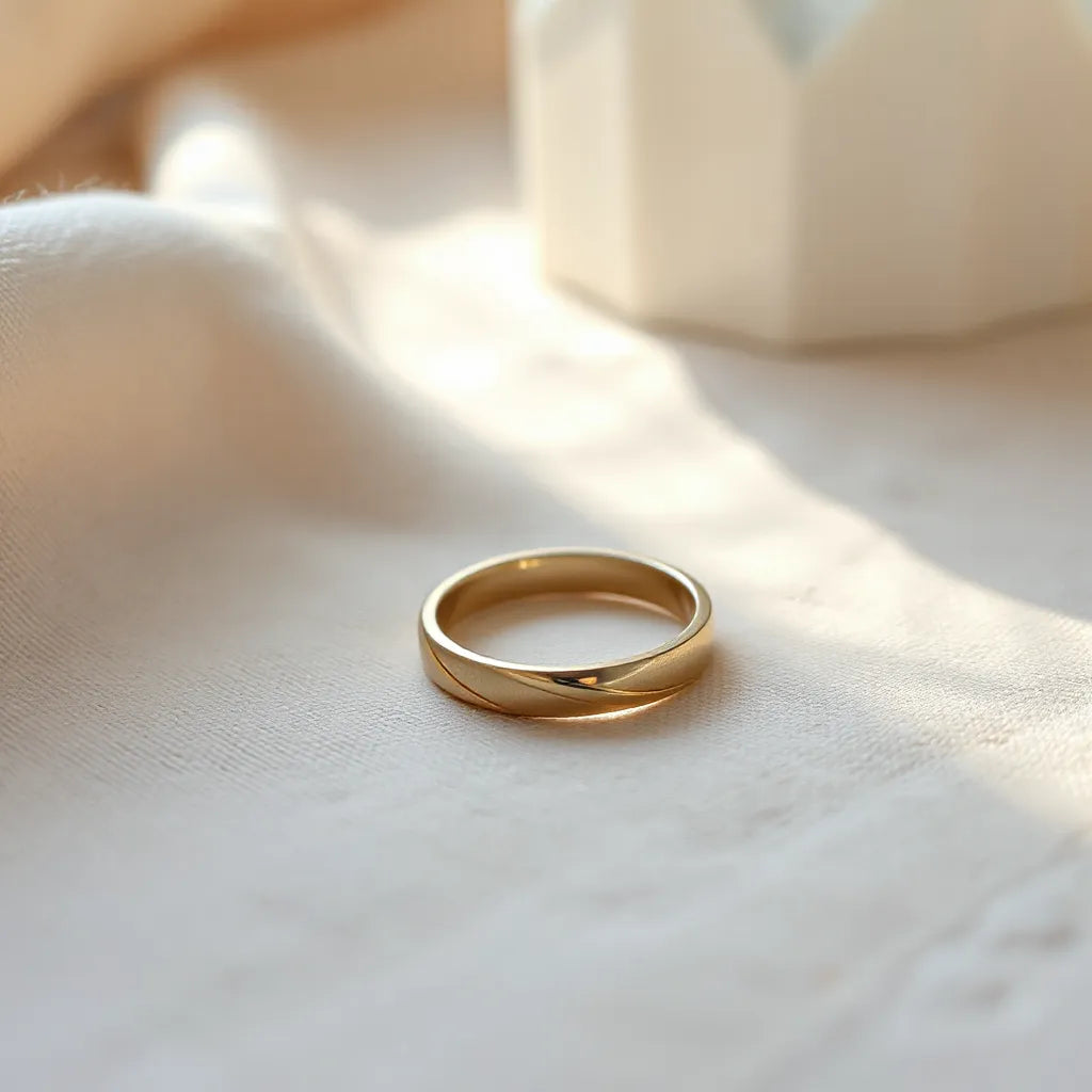 Minimalist gold and silver rings resting on neutral linen fabric in soft natural light