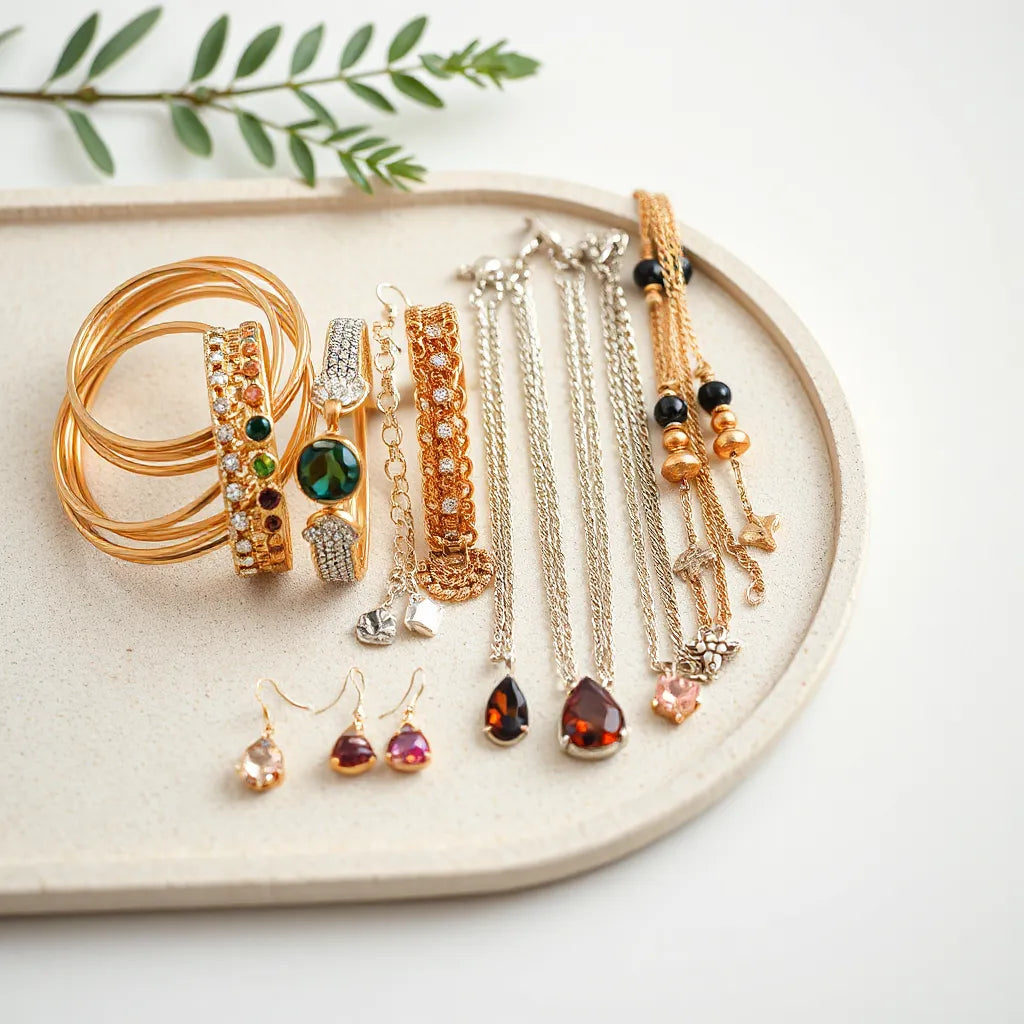 Assorted wholesale jewelry items like necklaces, bangles, and earrings arranged on a minimal tray