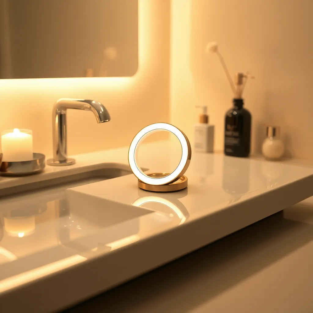 Illuminated luxury light ring on a minimalist vanity with warm, soft reflections