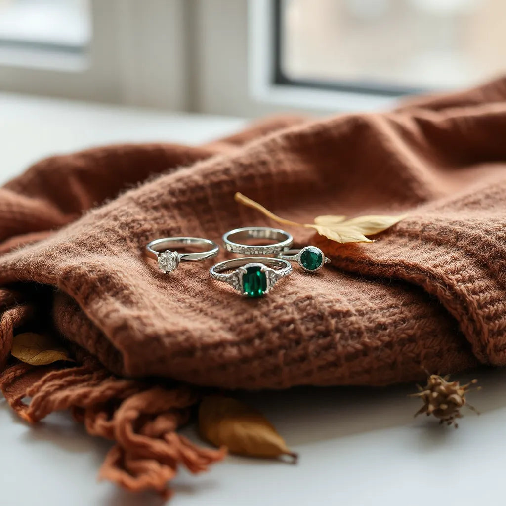 Rings displayed on cozy knit fabric with warm autumn colors and subtle seasonal accents