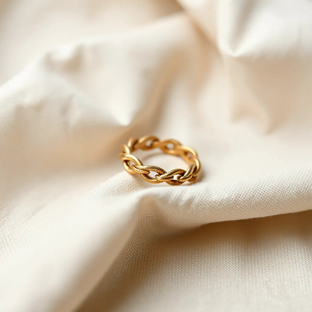 Woven chain ring with braided texture on a minimal neutral fabric background
