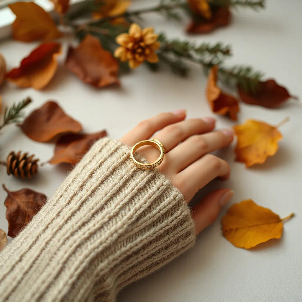 Gold-toned ring on a knit sweater with autumn leaves in the background for seasonal styling.