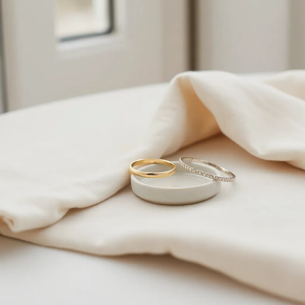 Slim gold and silver bands styled on neutral fabric with soft natural light