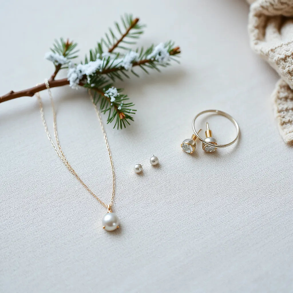Silver and gold winter jewelry set on knit fabric with subtle frost sparkle and a wool scarf backdrop
