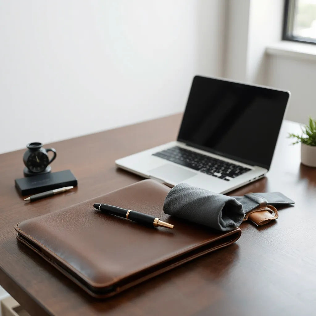 Leather portfolio, watch, and other neatly arranged business accessories on a minimal desk