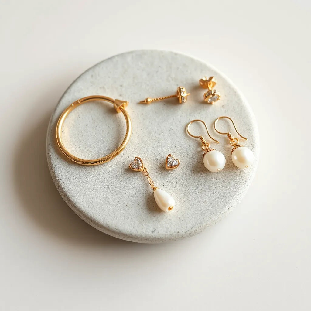 Assorted high quality earrings on a neutral background with soft natural lighting and sharp details