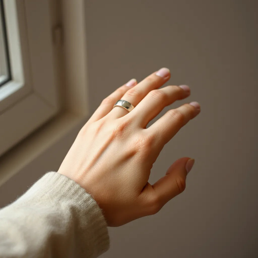 Woman’s hand wearing a sleek open smooth ring with a polished, gently curved band