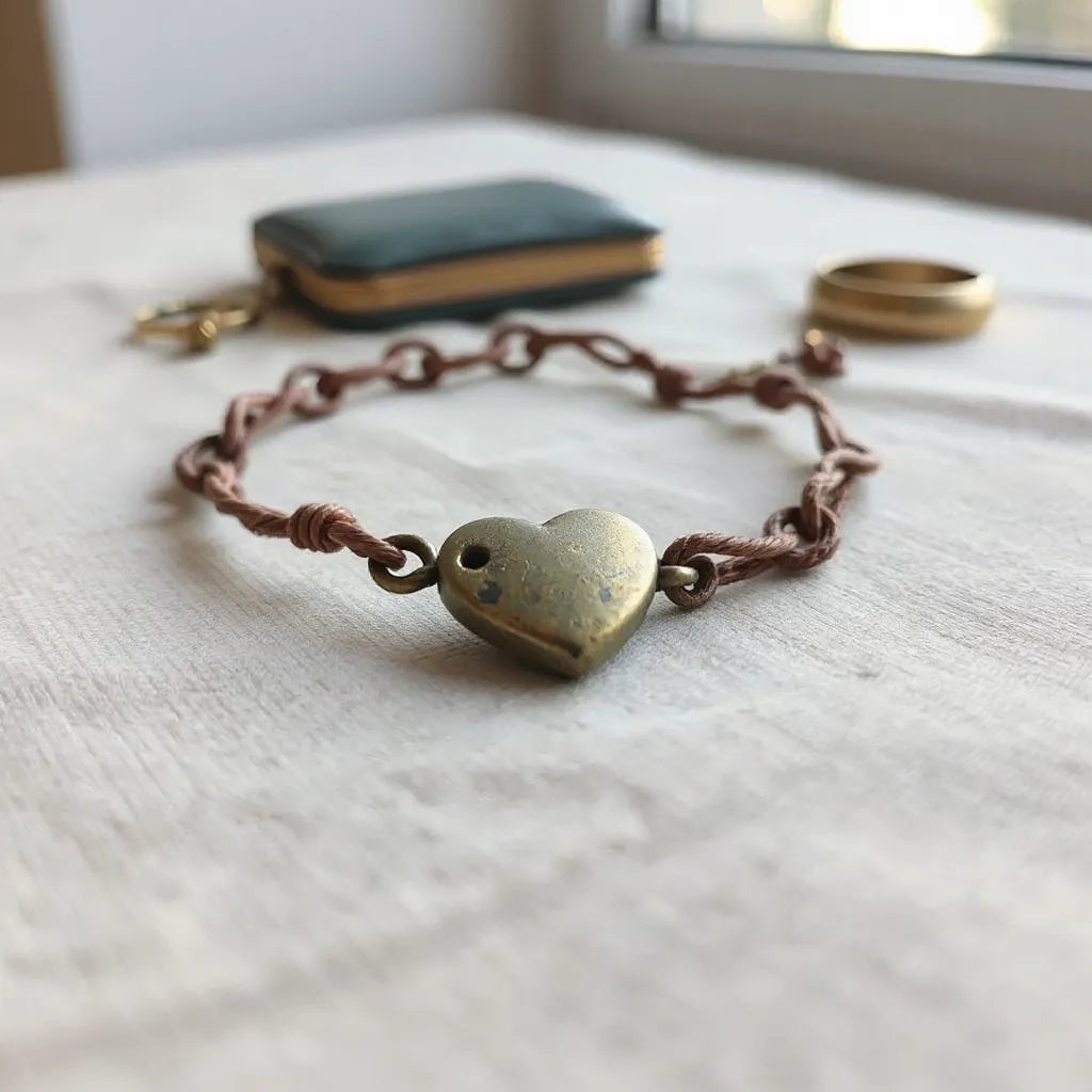 Retro worn heart bracelet with distressed heart charm on a neutral fabric surface under soft natural light