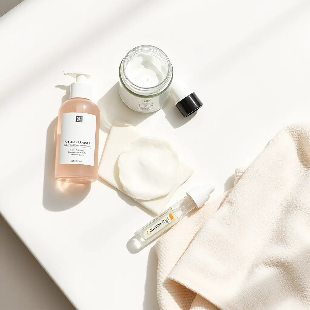 Step-by-step cruelty-free skincare items arranged on a clean vanity under natural light