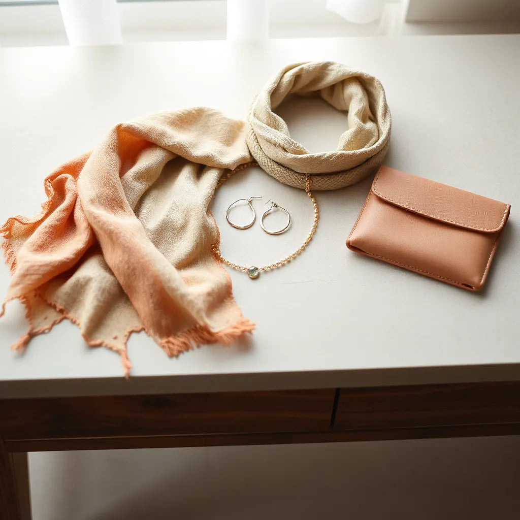 Seasonal accessories including scarf, jewelry, belt, and clutch arranged on a neutral tabletop in soft light