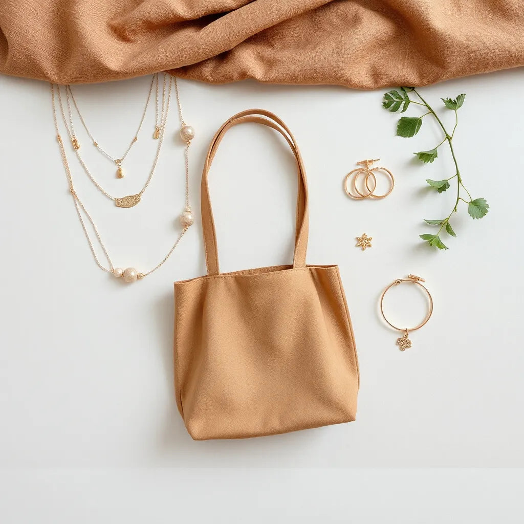 Layered necklaces, small hoop earrings, hair clips, and a charm bracelet arranged on a neutral background.