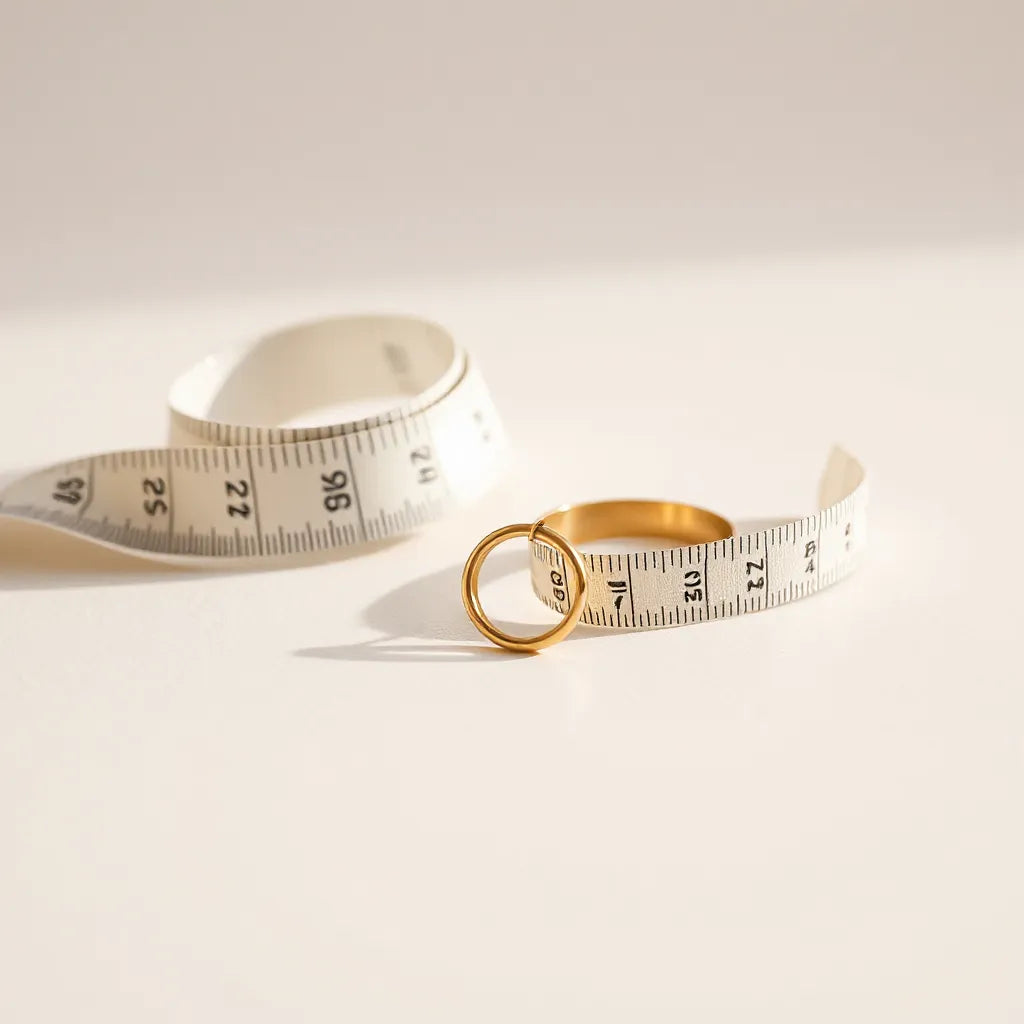Adjustable gold ring with a measuring tape on a neutral background for comfortable fit