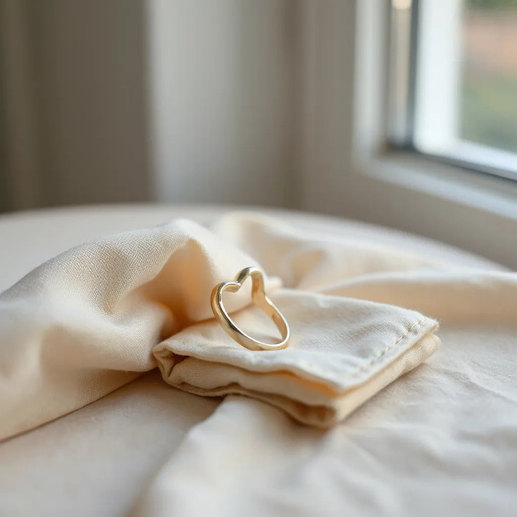 Delicate open heart ring on neutral fabric with soft natural light and a jewelry cloth