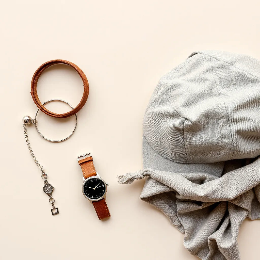 Minimal unisex accessories on a neutral surface: bracelets, watch, cap, and scarf