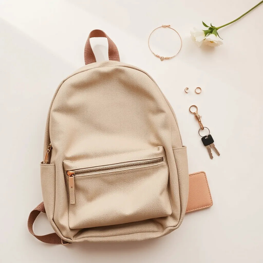 Delicate necklace, stud earrings, bracelet, and ring arranged beside a backpack and keys on a light background