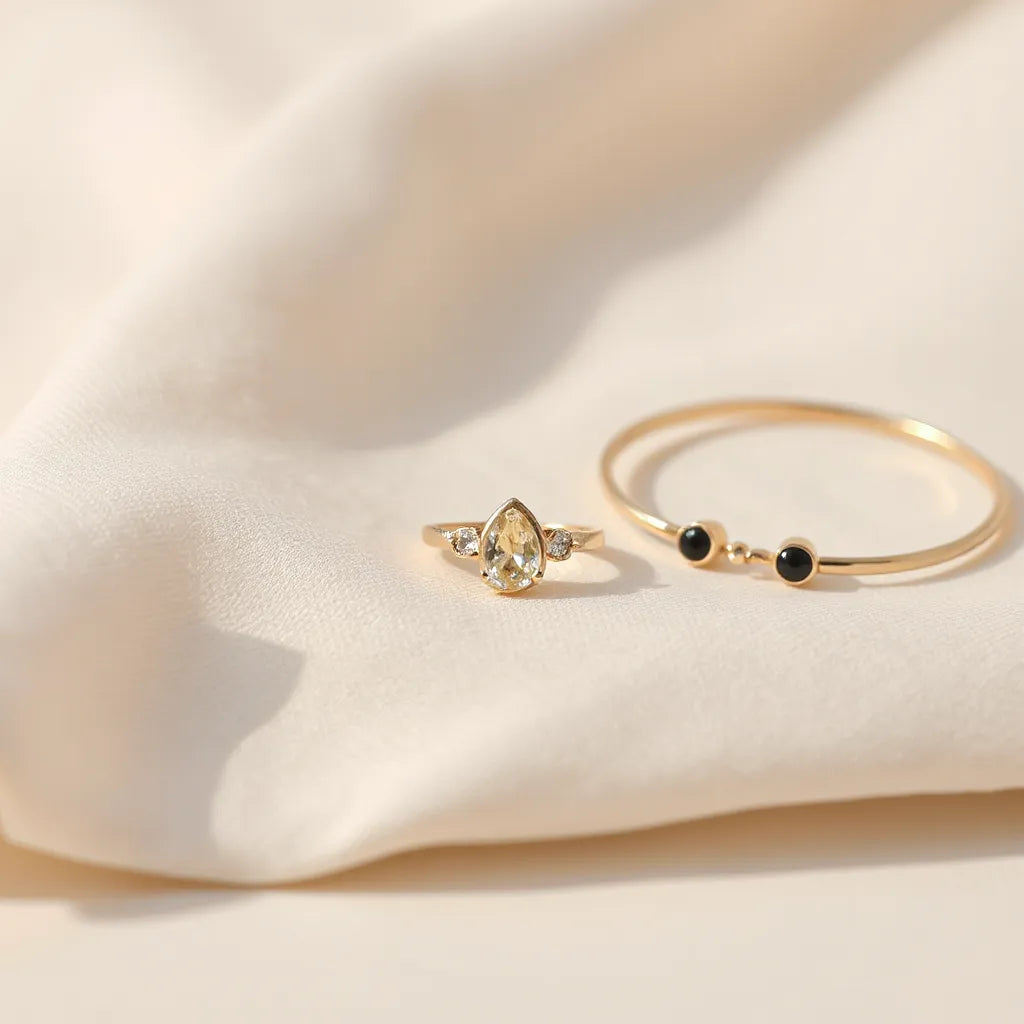 Fashion ring for women displayed on a neutral surface with softly styled accessories in the background