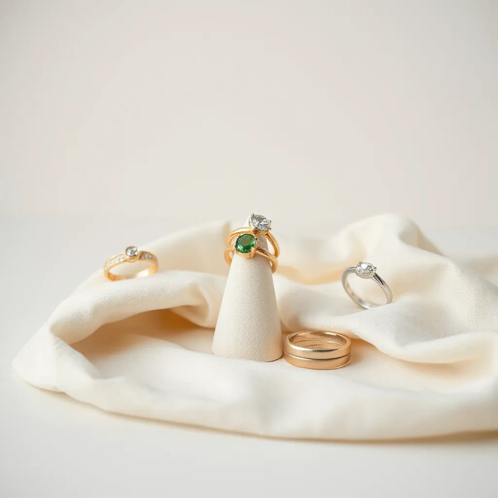 Assorted fashion rings for women on a minimalist stand with gemstone and metal details in focus