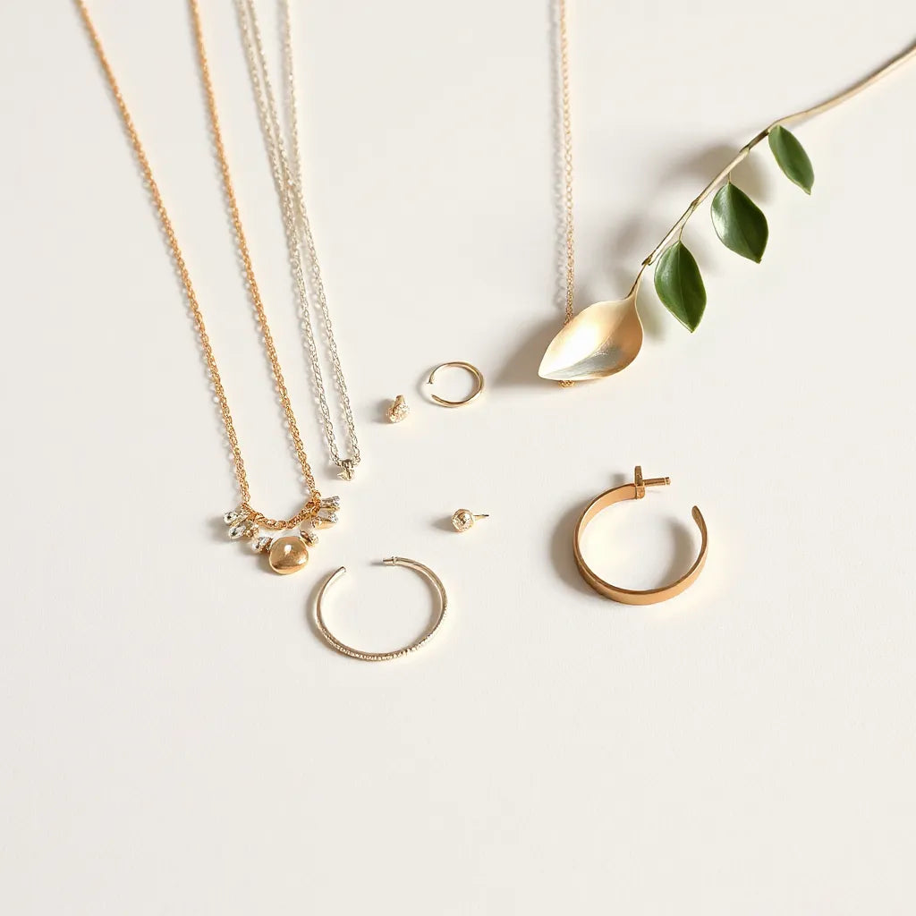 Layered necklace, small hoops, bracelet, and a ring arranged neatly on a light neutral background