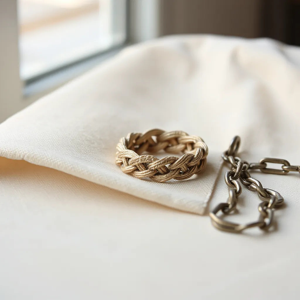 Woven chain ring with detailed texture resting on light fabric under soft natural light