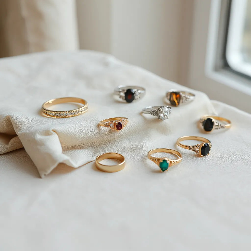 Assorted metallic and gemstone fashion rings arranged on neutral fabric under soft natural light