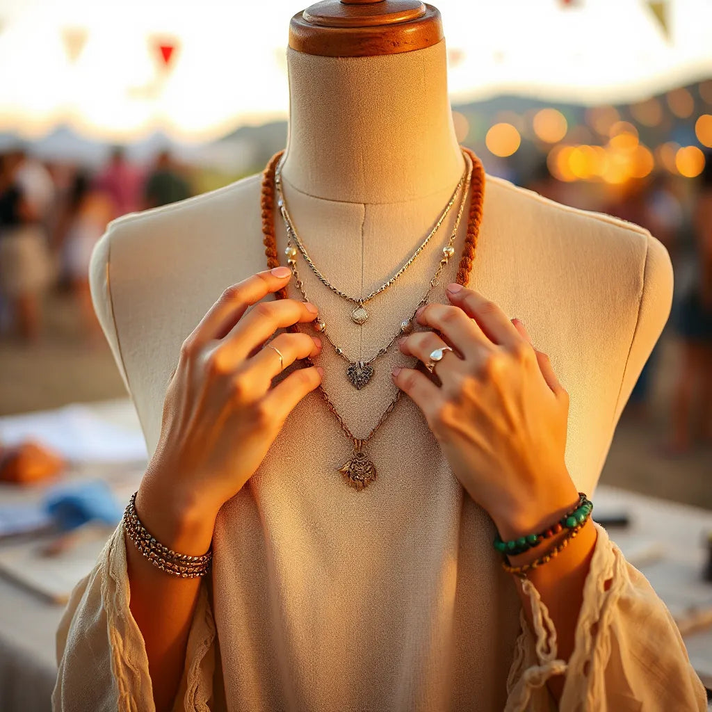 Layered festival jewelry on a dress form with warm golden lighting and soft colorful bokeh background