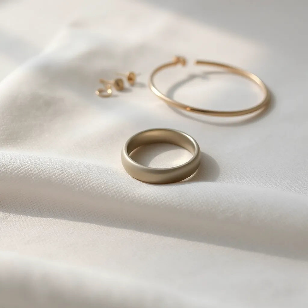 Polished open smooth ring on neutral fabric with soft natural light and minimal accessories in the background