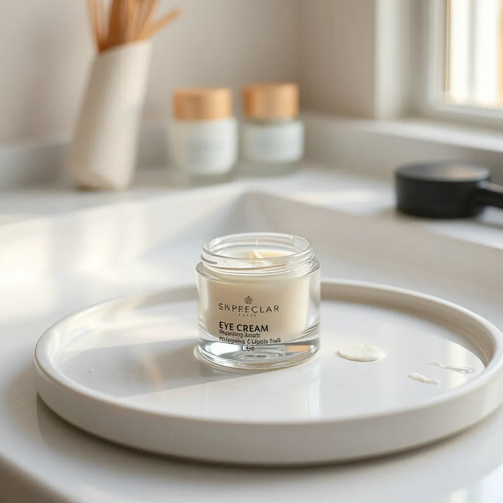 Minimally styled skincare jar and calm eye area setting with soft morning light