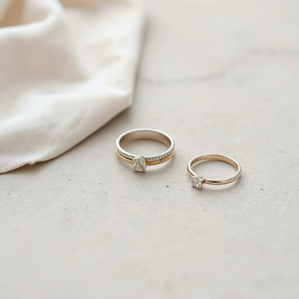 A set of fashionable rings styled on a neutral background with soft natural light