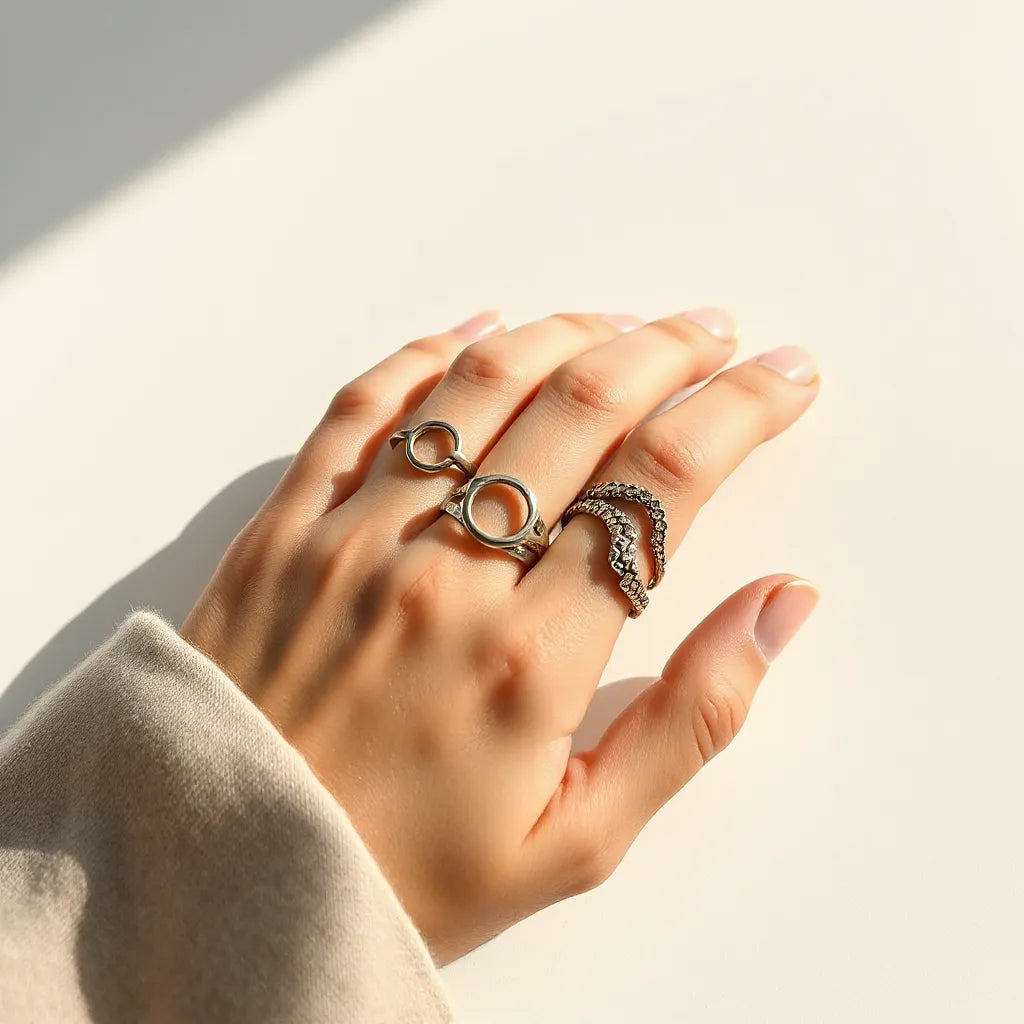 Open finger rings styled on a hand with subtle stacking in natural daylight