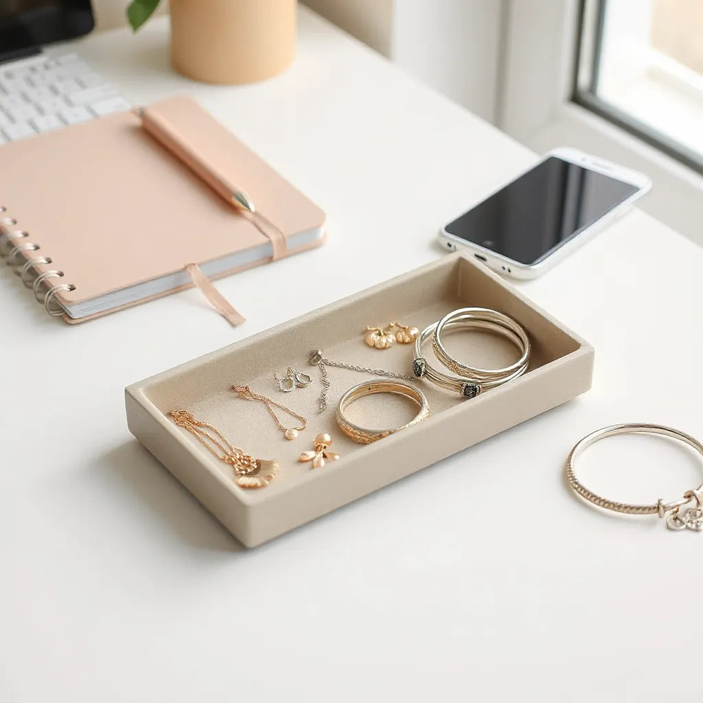 Simple earrings, bracelet, and necklace arranged on a desk with school supplies in soft light