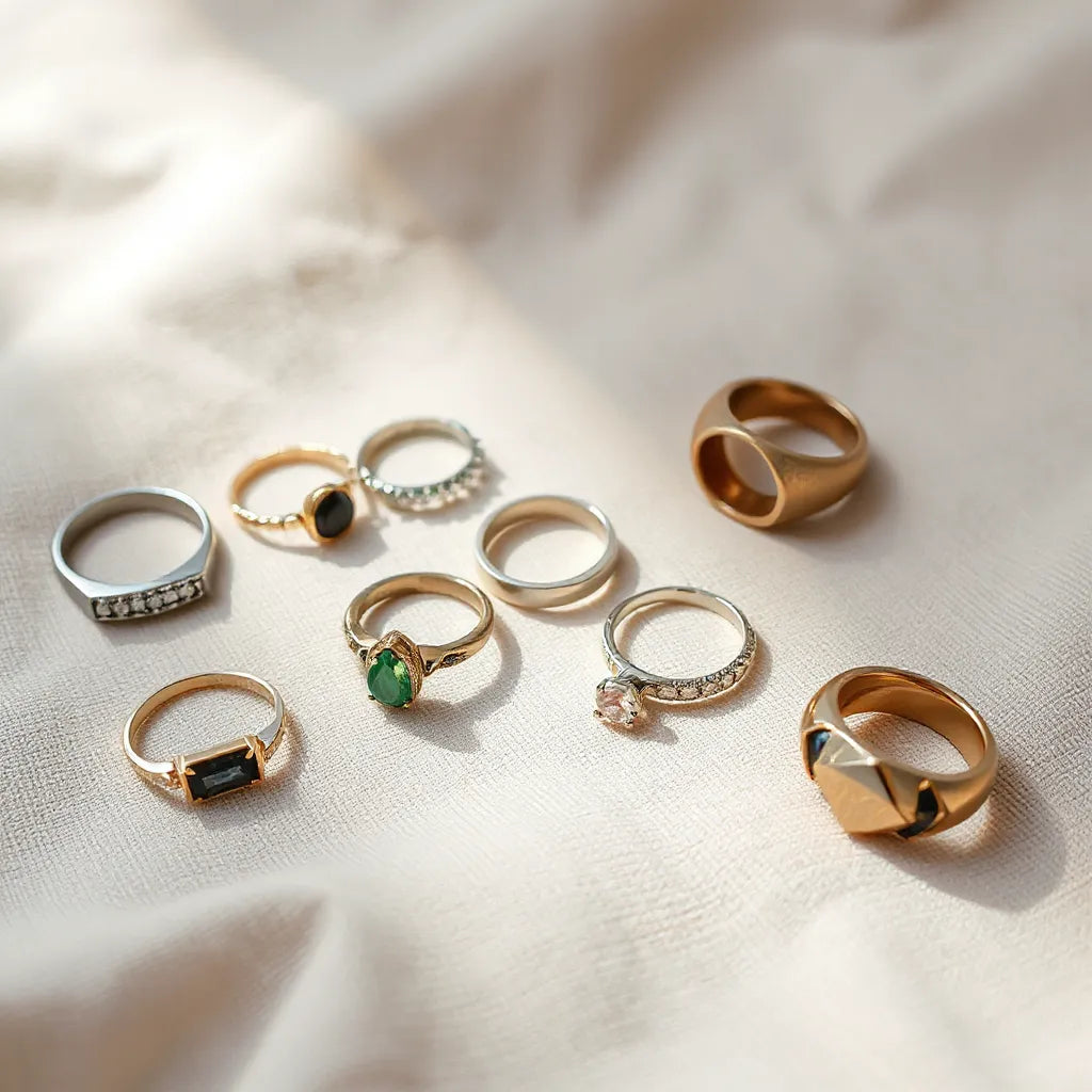 Assorted modern rings with metallic finishes and small gemstones arranged on neutral fabric