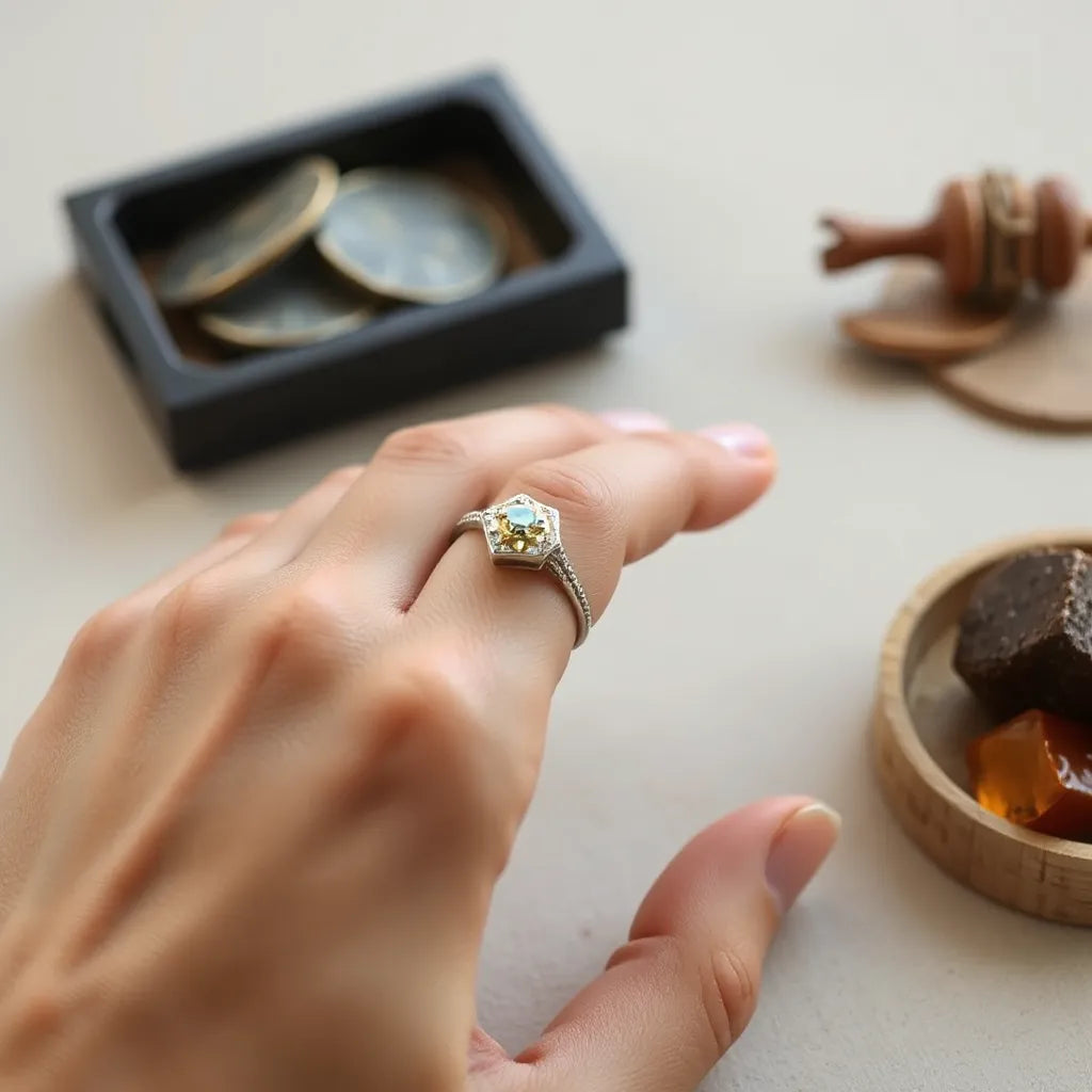 Hand wearing an elegant finger ring with an intricate exclusive design on a neutral background