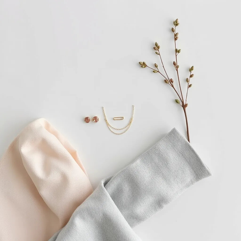 Delicate Korean-inspired earrings, layered necklace, and slim ring styled on a neutral fabric background