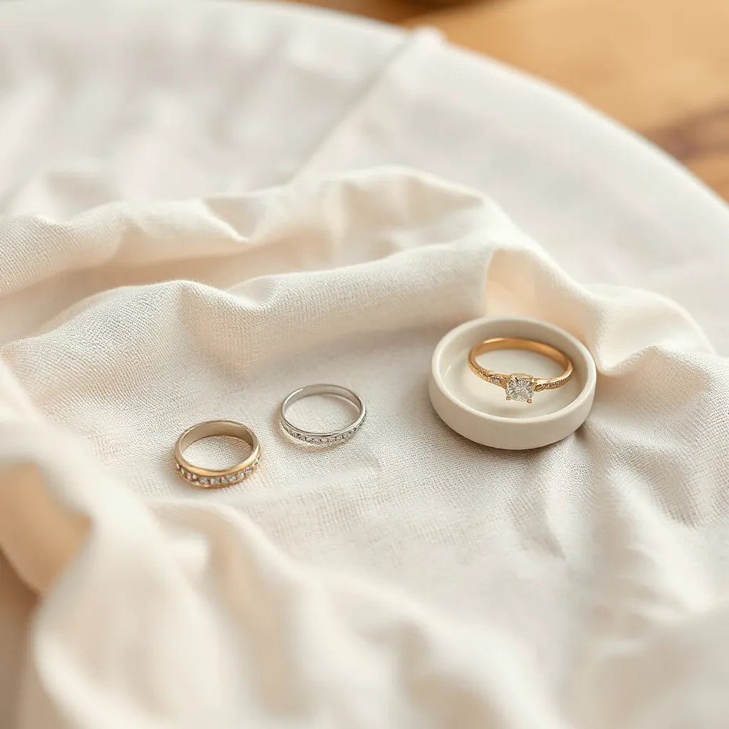 Assorted elegant rings arranged on neutral linen with soft natural light