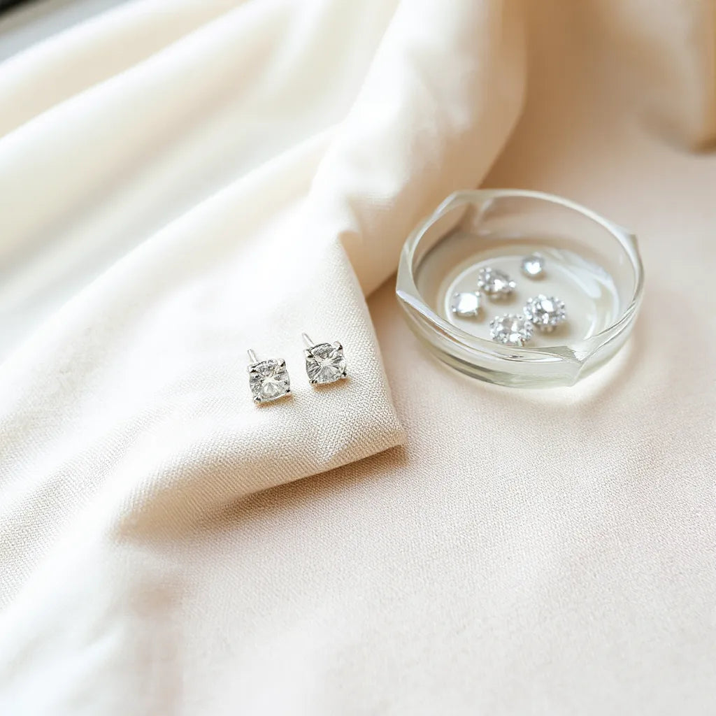 Pair of diamond earrings on a neutral fabric surface with soft natural light highlights