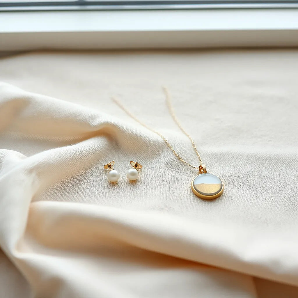 Minimal earrings and a pendant with subtle painted designs on a neutral fabric background