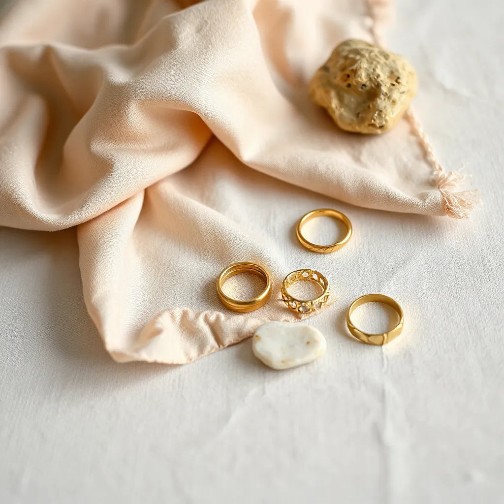 Assorted gold rings arranged on neutral fabric with warm lighting and soft shadows