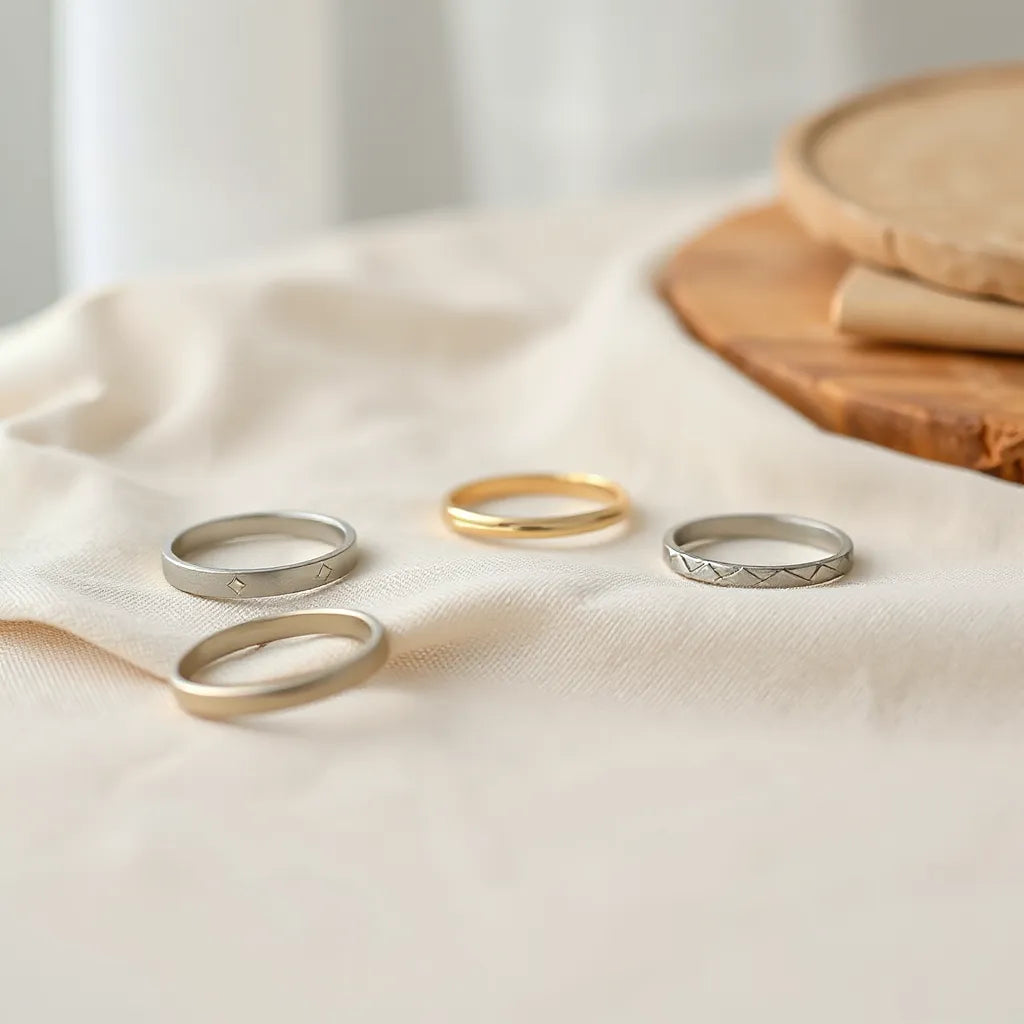 Minimalist rings with thin bands on light fabric under soft natural light