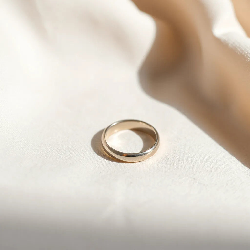 Minimalist open-ended ring on a neutral background with soft daylight and subtle shine