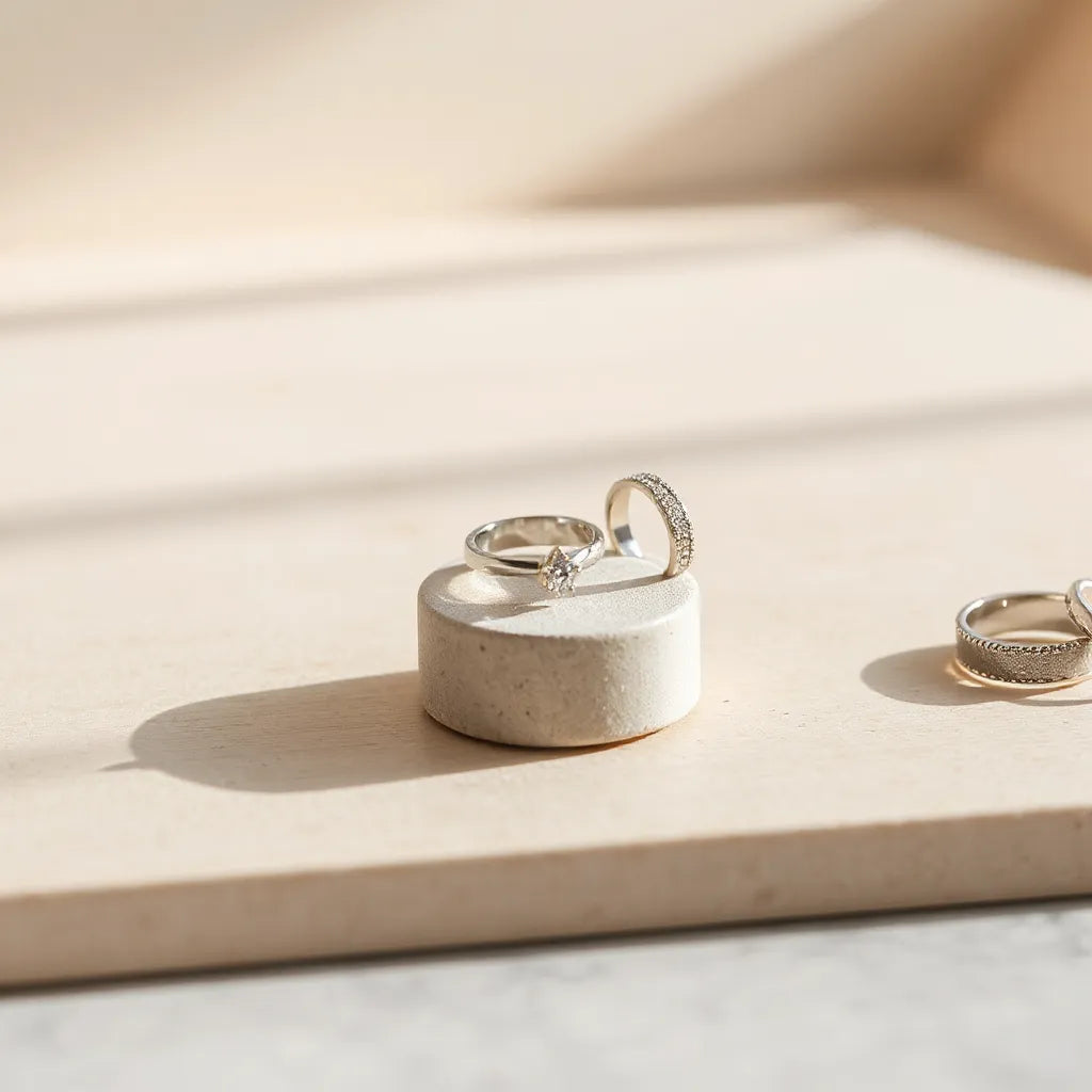 Three modern rings with subtle gemstones on a stone stand in soft natural light